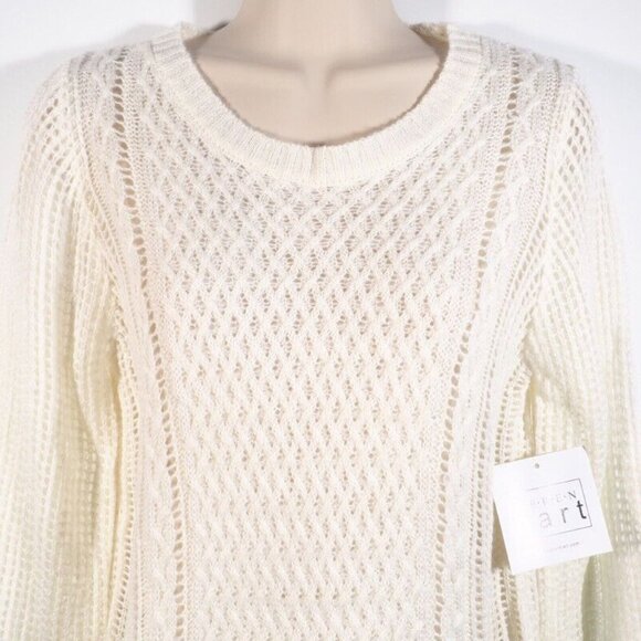 Keren Hart Womens Sweater SIze M Crocheted Ivory Crew Neck Bell Long Sleeve - Picture 2 of 10